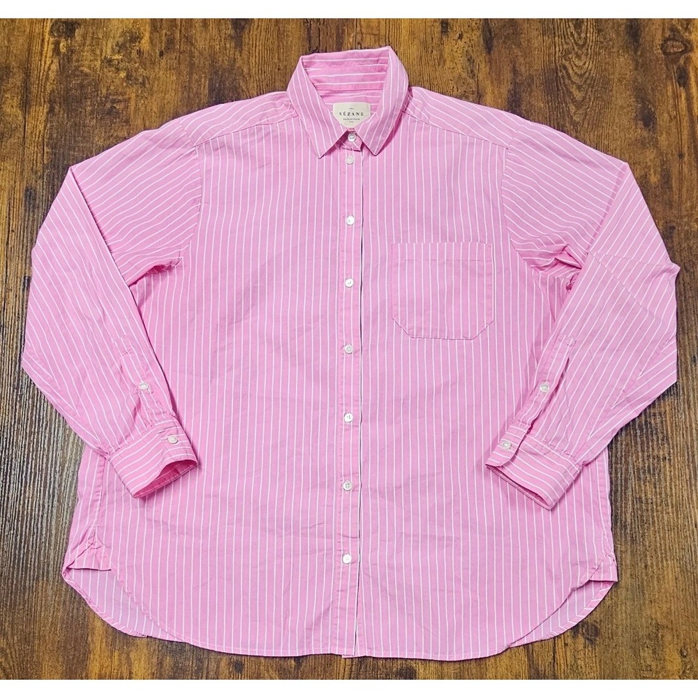 Sezane Max Shirt Pink White Striped Organic Cotton Button Down Size 36